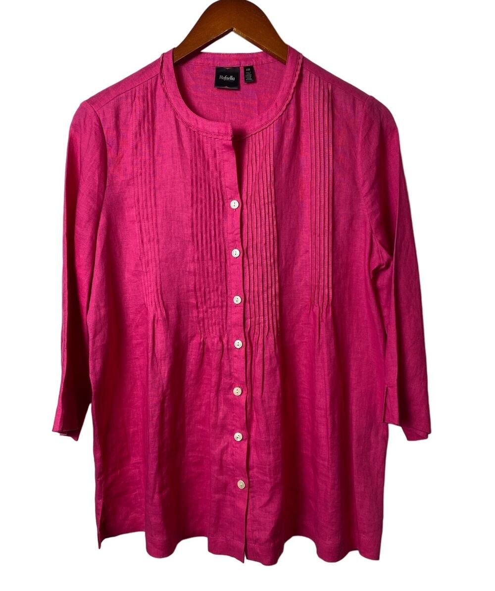 Rafaella Women's Magenta 100% Linen Pleated Button Blouse Size Petite Medium
